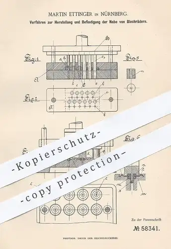 original Patent - Martin Ettinger , Hamburg , 1891 , Herstellung der Nabe am Blechrand | Spielzeug , Metall , Blech !!