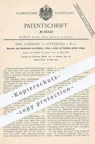 original Patent - Emil Liebmann , Offenbach / Main , 1891 , Maschine zum Abschneiden von Bändern , Litze , Kabel