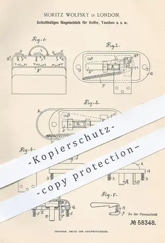 original Patent - Moritz Wolfsky , London  , England  1890 , Riegelschloss für Koffer , Tasche | Schloss , Kofferschloss