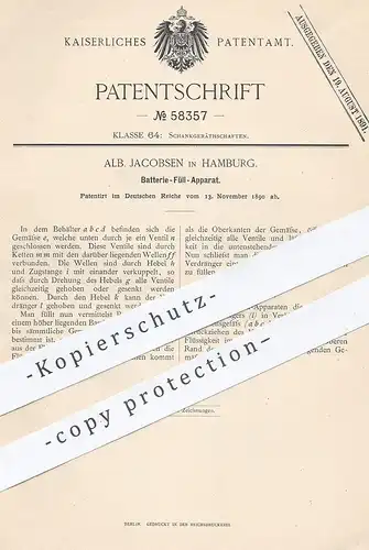 original Patent - Alb. Jacobsen , Hamburg , 1890 , Batterie befüllen | Zapfanlage , Pumpe , Bier , Wasser