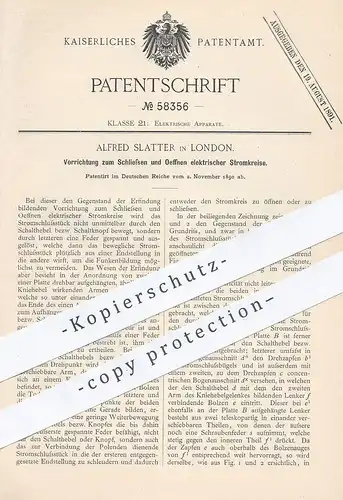 original Patent - Alfred Slatter , London , England , 1890 , Schließen u. Öffnen von elektr. Stromkreis | Elektriker !!!
