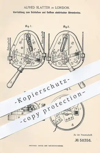 original Patent - Alfred Slatter , London , England , 1890 , Schließen u. Öffnen von elektr. Stromkreis | Elektriker !!!