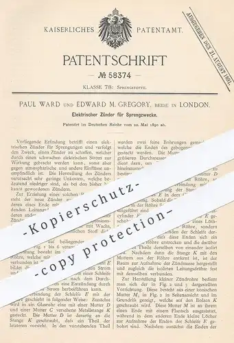 original Patent - Paul Ward , Edward M. Gregory , London , England 1890 , Elektrischer Zünder zum Sprengen | Sprengstoff