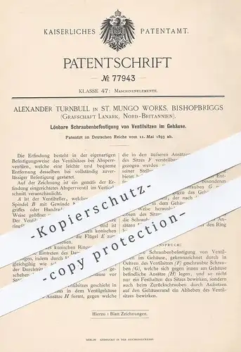 original Patent - Alexander Trunbull , St. Mungo Works , Bishopbriggs , Lanark , England , 1893 , Ventil - Schrauben !!