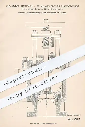 original Patent - Alexander Trunbull , St. Mungo Works , Bishopbriggs , Lanark , England , 1893 , Ventil - Schrauben !!