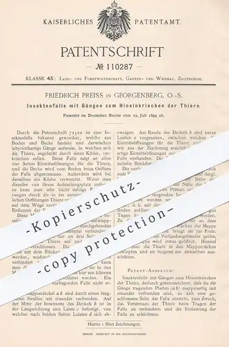 original Patent - Friedrich Preiss , Georgenberg / Schlesien , 1899 , Insektenfalle | Falle für Insekten | Fliegenfalle