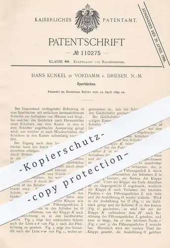 original Patent - Hans Kunkel , Vordamm / Driesen , 1899 , Sparbüchse , Spardose | Geld sparen | Tresor , Safe , Münzen