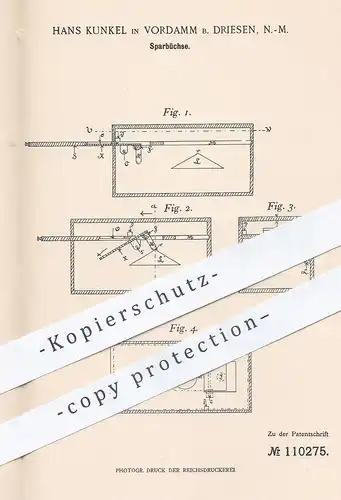 original Patent - Hans Kunkel , Vordamm / Driesen , 1899 , Sparbüchse , Spardose | Geld sparen | Tresor , Safe , Münzen