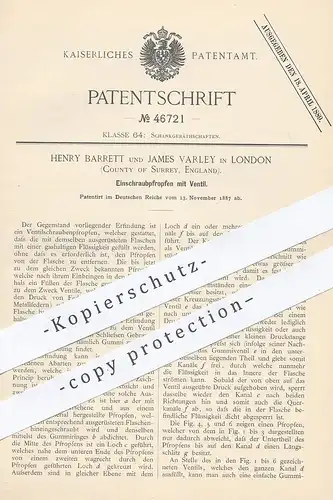 original Patent - Henry Barrett , James Varley , London , Surrey , England , 1887 , Pfropfen mit Ventil | Zapfanlage