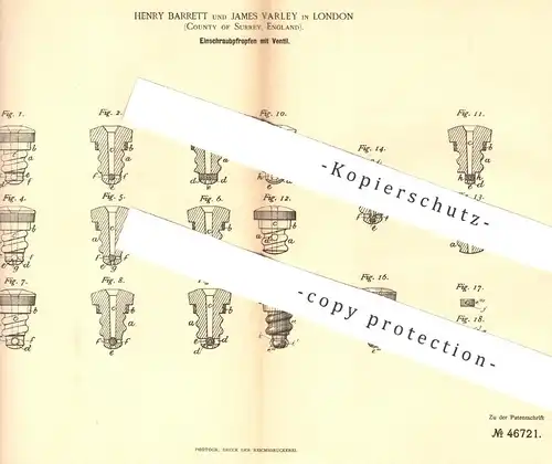 original Patent - Henry Barrett , James Varley , London , Surrey , England , 1887 , Pfropfen mit Ventil | Zapfanlage