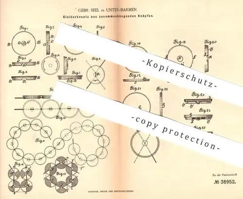 original Patent - Gebr. Seel , Unter Barmen , 1886 , Kleiderbesatz | Knopf , Knöpfe , Schneider , Mantel , Mode , Kleid