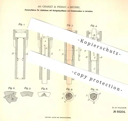 original Patent - Ad. Charlet & Pierret , Brüssel , 1892 , Formverfahren f. Achsbüchsen mit Hartguss | Gusseisen | Achse