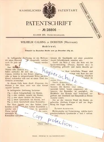 Original Patent  - Wilhelm Calsing in Dorsten , Westfalen , 1883 , Hohlrost !!!
