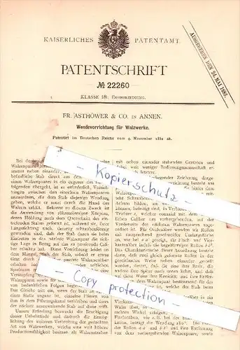Original Patent  - Fr. Asthöwer & Co. in Annen b. Witten , 1882 , Wendevorrichtung für Walzwerke !!!