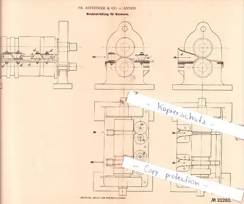 Original Patent  - Fr. Asthöwer & Co. in Annen b. Witten , 1882 , Wendevorrichtung für Walzwerke !!!