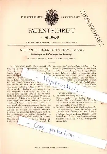 Original Patent  - William Reddall in Finsbury , England , 1881 , Einfassungen der Fußwege !!!