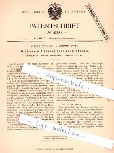Original Patent  - Oscar Schlag in Schweidnitz / Swidnica i. Schlesien , 1881 , Windlade mit Ventilstöcken !!!