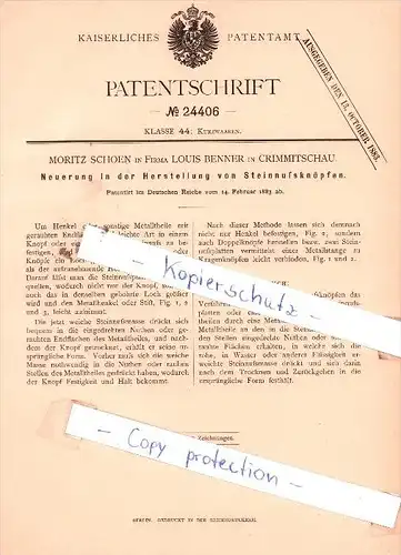 Original Patent  - M. Schoen in Firma L. Benner in Crimmitschau , 1883 , Steinnußknöpfe !!!