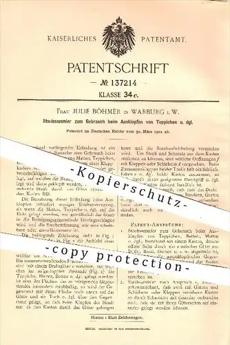 original Patent - Julie Böhmer , Warburg , 1902 , Staubsammler zum Ausklopfen beim Teppich , Teppiche , Staub , Haushalt