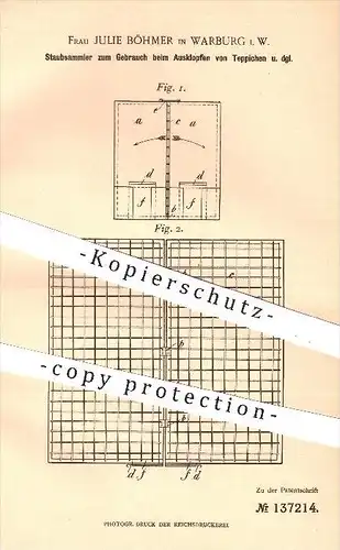 original Patent - Julie Böhmer , Warburg , 1902 , Staubsammler zum Ausklopfen beim Teppich , Teppiche , Staub , Haushalt