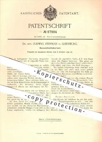 original Patent - Dr. med. Ludwig Stephan in Ilsenburg , 1892 , Gesundheitskorsett , Korsett , Gesundheit , Medizin !!