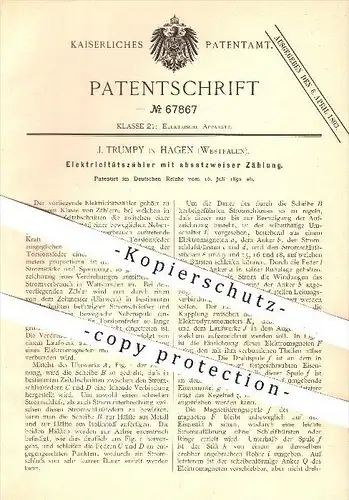 original Patent - J. Trumpy in Hagen , 1892 , Elektrizitätszähler , Stromzähler , Strom , Elektrizität , Zählwerk !!!