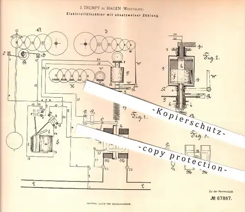 original Patent - J. Trumpy in Hagen , 1892 , Elektrizitätszähler , Stromzähler , Strom , Elektrizität , Zählwerk !!!