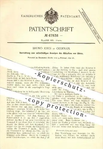 original Patent - B. John , Oederan , 1892 , selbsttätiges Anzeigen des Ablaufens von Uhren , Uhr , Uhrwerk , Uhrmacher