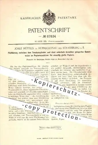 original Patent - J. Hütten , Ruprechtsau , Strassburg , 1891 , Führung an Zylinder & Walzen an Papiermaschinen , Papier