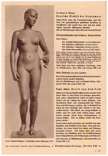 original Prospekt / Werbung - 1941 - Plastik der Gegenwart , Kurt Schmidt-Ehmen , Kunst m G.B. Tiepolo , Otto Runge !!!