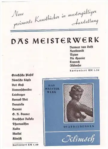 original Prospekt / Werbung - 1941 - Das Meisterwerk , Kunstbücher , Malerei , Plastik , Gustav Weise Verlag in Berlin !