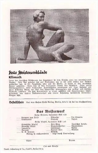 original Prospekt / Werbung - 1941 - Das Meisterwerk , Kunstbücher , Malerei , Plastik , Gustav Weise Verlag in Berlin !