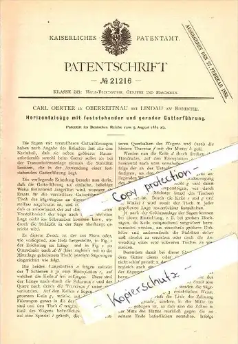 Original Patent - Carl Oerter in Oberreitnau bei Lindau , 1882 , Horizontalsäge , Sägewerk , Tischlerei , Holz !!!