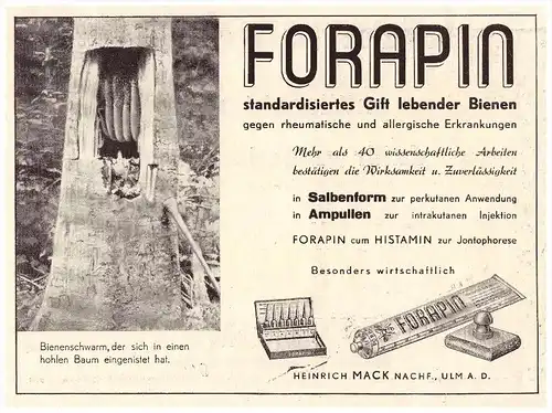 original Werbung - 1938 - FORAPIN , Gift von Bienen  H. Mack in Ulm a.D. , Imkerei ,  Arzt , Apotheke !!