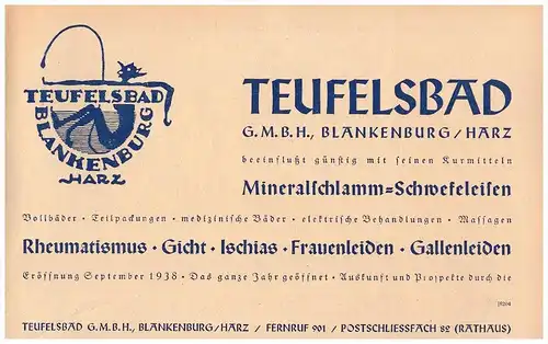original Werbung - 1938 - Teufelsbad in Blankenburg a. Harz , Kur , Heilbad , Krankenhaus , Arzt , Bad !!!