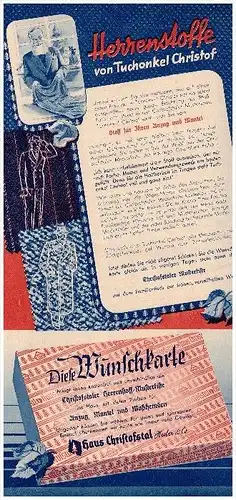 original Werbung - 1938 - Fabrik Christofstal , Tuchfabrik im Schwarzwald , Stoffe , Bekleidung , Mode , Reklame !!!