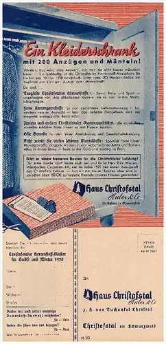 original Werbung - 1938 - Fabrik Christofstal , Tuchfabrik im Schwarzwald , Stoffe , Bekleidung , Mode , Reklame !!!