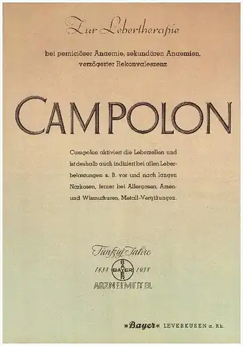 original Werbung - 1938 - BAYER , Leverkusen a. Rh. , Arzneimittel , Arzt , Krankenhaus , Apotheke , A4 Seite !!