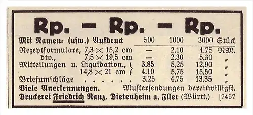 original Werbung -1938 - F. Ranz in Dietenheim a. Iller , Druckerei , Druck !!!