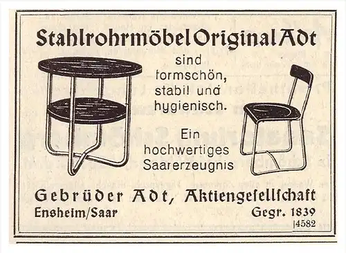 original Werbung - 1938 - Stahlrohrmöbel , Gebrüder Adt in Ensheim / Saar , Möbel !!!