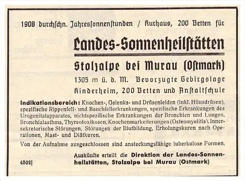 original Werbung - 1938 - Stolzape bei Murau , Ostmark , Heilanstalt , Kur , Arzt , Apotheke , Krankenhaus !!!