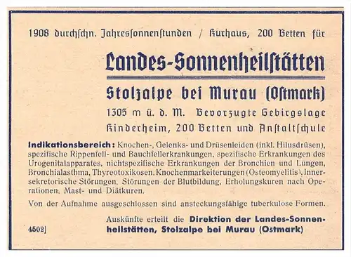 original Werbung - 1938 - Stolzape bei Murau , Ostmark , Heilanstalt , Kur , Arzt , Apotheke , Krankenhaus !!!