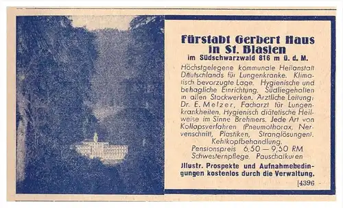 original Werbung - 1938 - Fürstabt Gerber in St. Blasien , Heilanstalt , Schwarzwald , Arzt , Apotheke !!!