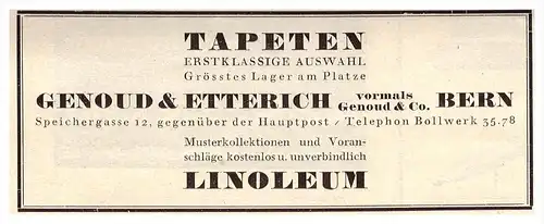 original Werbung - 1926 - Tapeten Genoud & Etterich in Bern , Speichergasse , Bollwerk  !!
