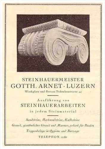 original Werbung - 1926 - Gotth. Arnet in Luzern , Steinhauer , Steinmetz , Tribschenstrasse !!