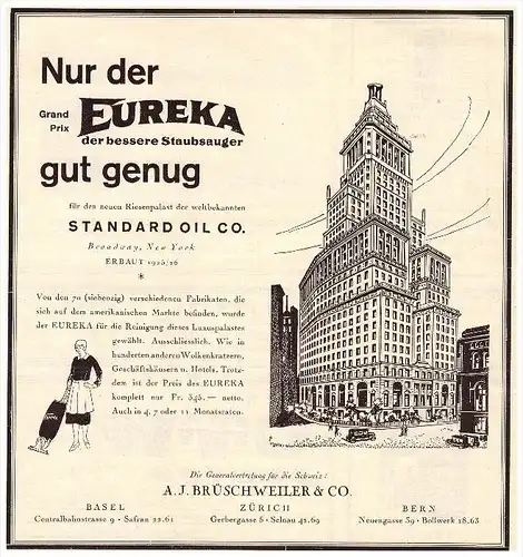 original Werbung - 1926 - EUREKA Staubsauger , A.J. Brüschweiler & Co in Zürich , Gerbergasse , Selnau , Bern , Basel !!