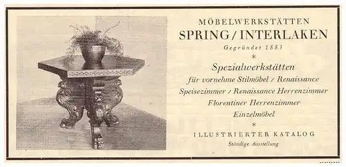original Werbung - 1926 -  Möbelwerkstatt Spring in Interlaken , Möbel , Schreiner , Uhr !!!