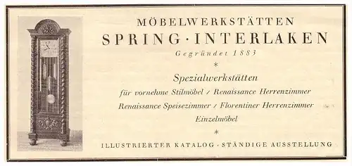 original Werbung - 1926 -  Möbelwerkstatt Spring in Interlaken , Möbel , Schreiner , Uhr !!!