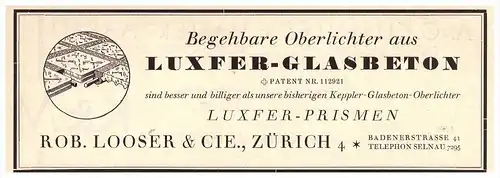 original Werbung - 1927 - Luxfer - Glasbeton , R. Looser & Cie in Zürich , Oberlicht , Prisma !!!