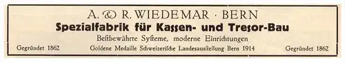 original Werbung - 1927 -  R. Wiedemar in Bern , Spezialfabrik für Kassen und Tresorbau , Tresor , Safe , Panzerschrank